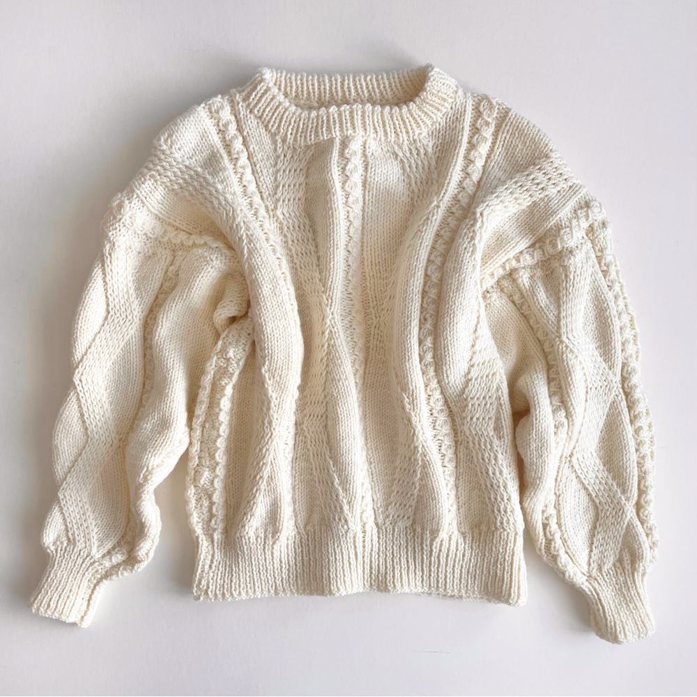 Hand Knit Wool Ivory Chunky Cable Knit Oversized Sweater - Picture 3 of 5
